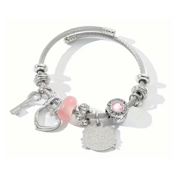 Hello Kitty Charm Bracelet Pink & Silver Tone Crystals & Stainless Steel Bangle - Picture 4 of 4